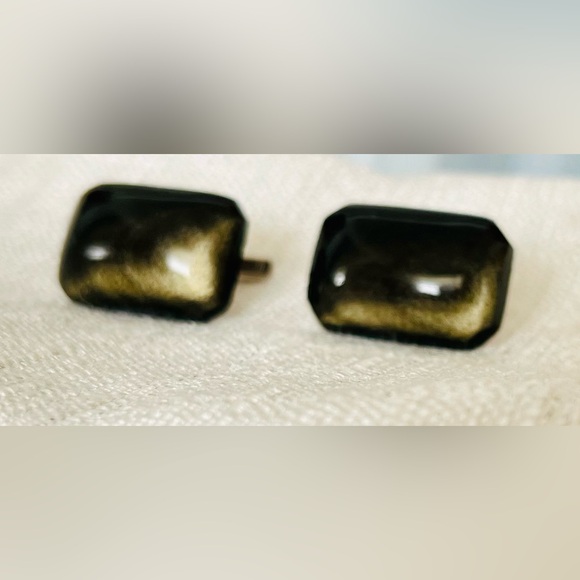 1950’s MCM Retro Vintage 925 Sterling Silver Smoke Obsidian Cufflinks Mexico - Picture 4 of 5